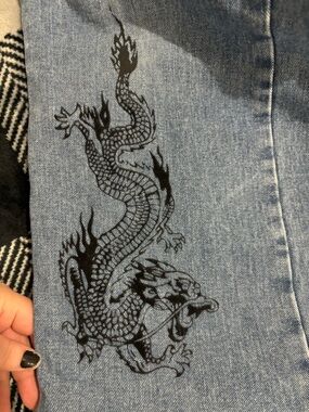 Women’s Blue Denim Jeans with Black Dragon Print